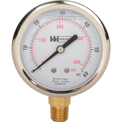 2 1/2" dial, liquid filled, 1/4" NPT bottom, 0-60 PSI