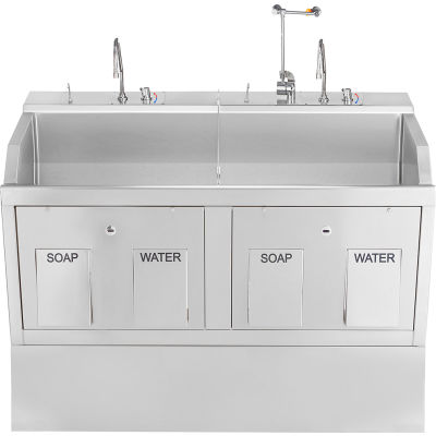 Blickman Double Station Pedestal Lodi Scrub Sink avec eyewash et minuterie numérique, contrôle de l’action du genou