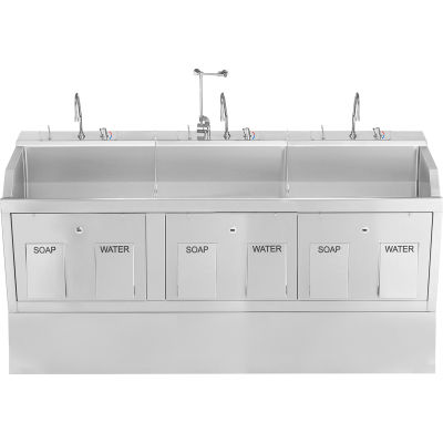 Blickman Triple Station Pedestal Lodi Scrub Sink avec eyewash et minuterie numérique, contrôle de l’action du genou