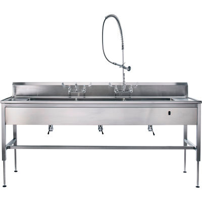 Station de décontamination Blickman, 116"L X 30"D, ascenseur hydraulique, 3 bols d’évier, robinets montés sur le pont