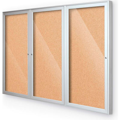 Balt® Outdoor Enclosed Bulletin Board Cabinet,3-Door 96"W x 48"H, Silver Trim, Natural Cork