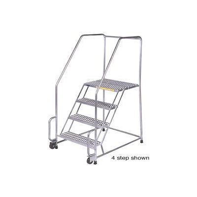 6 Step 24"W Stainless Steel Tilt and Roll Ladder - Perforated Tread w/ Cal OSHA Handrail