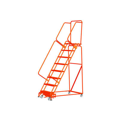 Échelle roulante d’acier à 5 marches avec verrou actionné par le poids, marches de 16 po larg., orange, avec main courante Cal OSHA