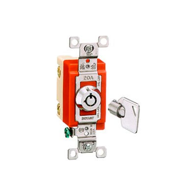 Bryant 4901RKL Barrel Key Switch, Single Pole, 20A, 120/277V AC, Rotary Locking