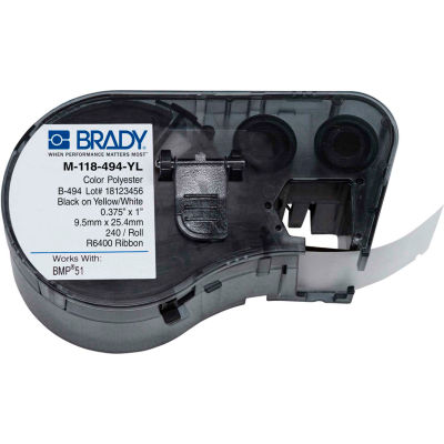Brady® M-118-494-YL B-494 Color Polyester Labels 0,375"H x 1"W White/Yellow, 240/Roll