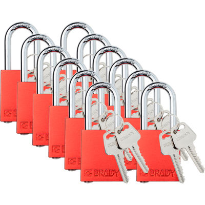 Cadenas brady® Safety Lockout, clé différente, 1-1/2 », aluminium/acier, rouge, 12/PK