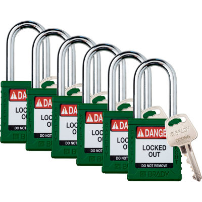 Cadenas Brady® Safety Lockout, à clé identique, 1-1/2 », Plastique/Acier, Vert, 6/PK