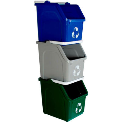 Busch Systems Stack Recycling Bins, 6 Gallon, Bleu/Vert/Gris
