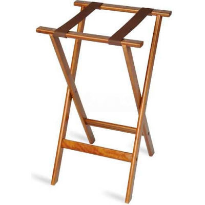 Flat Wood Tray Stand, 18-1/2" x 17" Top x 30" High, 2-1/4" Brown Straps Natural Finish (Single Pack)