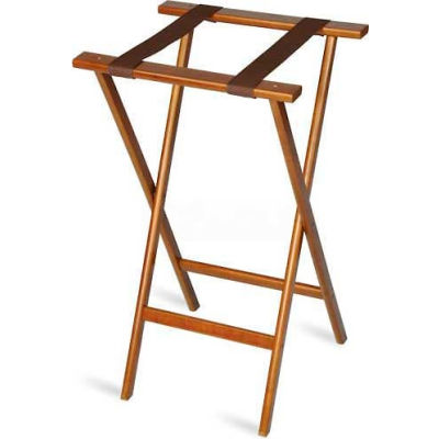 Economy Tray Stand, Brown Straps, Wood, Dark Walnut Stain Finish, (Single Pack)