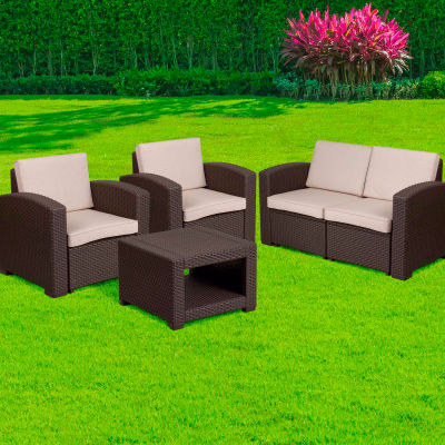 Flash Furniture® Ensemble de patio extérieur 4 pièces en faux rotin, brun chocolat avec coussins beiges