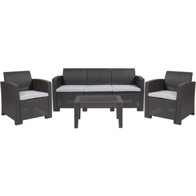 Flash Furniture® Ensemble de canapé d’extérieur 4 pièces en faux rotin, gris foncé avec coussins gris clair