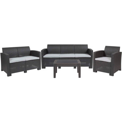 Flash Furniture® Ensemble de causeuse d’extérieur 4 pièces en faux rotin, gris foncé avec coussins gris clair