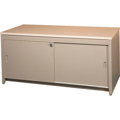 84"W Console Table w/ Doors, Desert Dusk Laminate Top Medium Gray Finish
