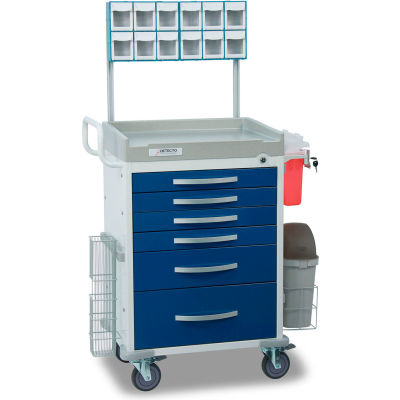 Chariot médical d’anesthésiologie Detecto® de série Loaded Rescue, cadre blanc et 6 tiroirs bleus