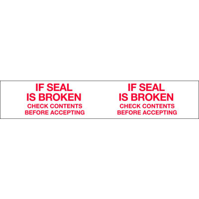 Printed Tape "If Seal Is Broken Check Contents Before Accepting" 2"W x 110 Yds. 1.84 Mil White/Red - Pkg Qty 36