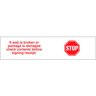 Printed Tape "Stop If Seal Is Broken" 2"W x 110 Yds. 1.84 Mil White/Red - Pkg Qty 36