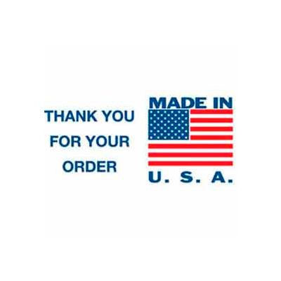 Étiquettes en papier avec « Made In USA Thank You » Print, 5"L x 3"W, Blanc/Rouge/Bleu, Rouleau de 500