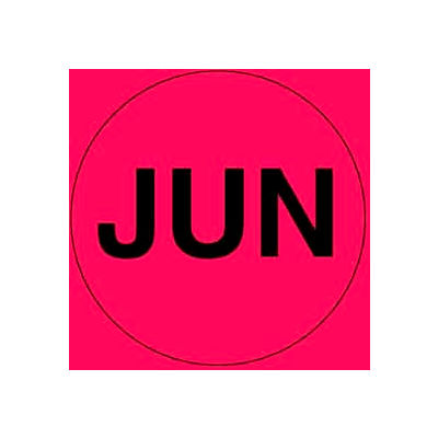 2 » Dia. Étiquettes rondes en papier w / « Jun » Impression, Fluorescent Rouge &Noir, Rouleau de 500