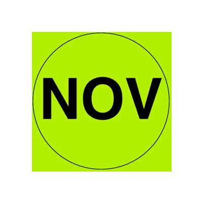 Étiquettes rondes en papier 2 » dia. avec impression « Nov », vert fluorescent et noir, rouleau de 500