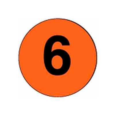 Étiquettes rondes en papier 2 » dia. avec impression « 6 », orange fluorescent et noir, rouleau de 500