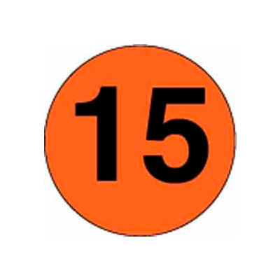 Étiquettes rondes en papier 2 » dia. avec impression « 15 », orange fluorescent et noir, rouleau de 500