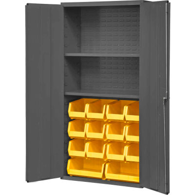 Durham Welded Bin Cabinet 3602-BLP-14-2S-95 - 36" Flush Door 14 Yellow Bins 2 Shelves
