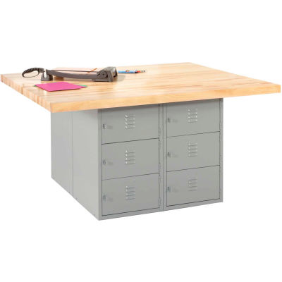 Diversified Spaces 4 Station Workbench, 12 Horizontal Lockers, No Vises, 64"Wx54"Dx33-1/4"H, Gray