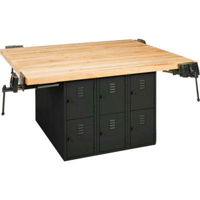 Diversified Spaces 4 Station Workbench, 4 Vises, 12 Vertical Lockers, 64"W x 54"D