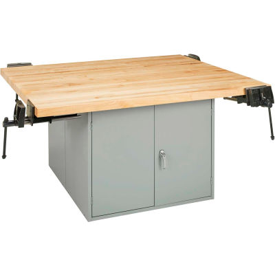 Diversified Spaces 4 Station Workbench, 4 Vises, 2 Cabinets, 64"W x 54"D, Gray