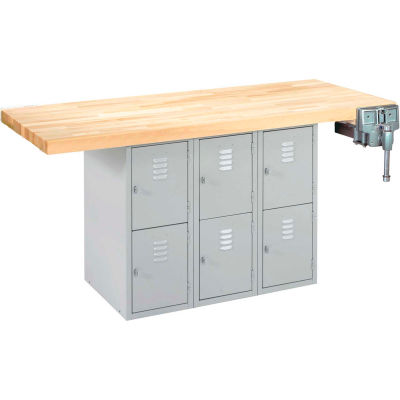 Diversified Spaces 2 Station Workbench, 1 Vise, 6 Vertical Lockers, 64"Wx28"Dx33-1/4"H, Gray