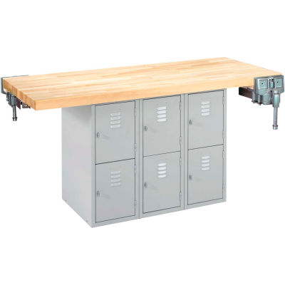 Diversified Spaces 2 Station Workbench, 2 Vises, 6 Vertical Lockers, 64"W x 28"D, Gray