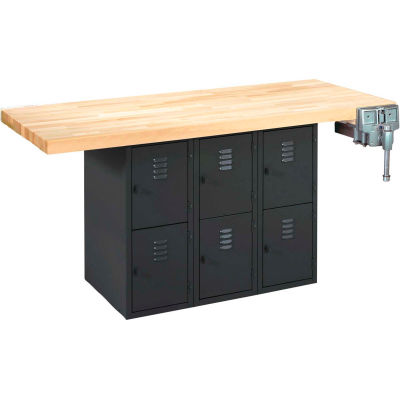 Diversified Spaces 2 Station Workbench, 1 Vise, 6 Vertical Lockers, 64"Wx28"Dx33-1/4"H, Black