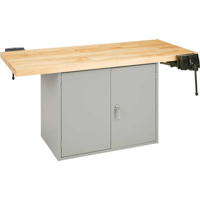 Diversified Spaces 2 Station Workbench, 2 Vises, 1 Cabinet, 64"W x 28"D, Gray
