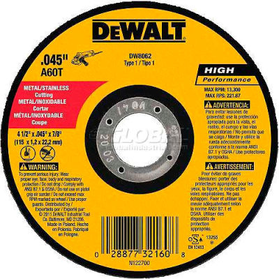DeWalt DW8062 Metal & Stainless Cutting Wheel 4-1/2" DIA..045" Thick Aluminum Oxide - Pkg Qty 25