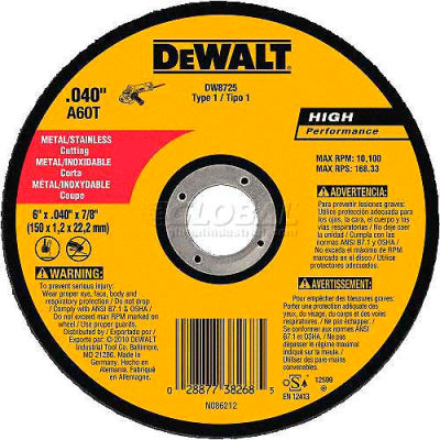 DeWalt DW8725 Metal & Stainless Cutting Wheel 6" DIA..040" Thick 60 Grit Aluminum Oxide - Pkg Qty 25