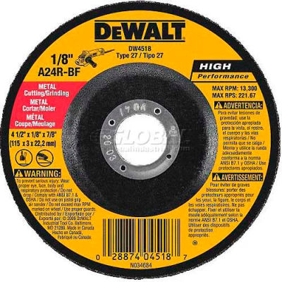 DeWalt DWA4531 Metal Cutting Wheel Type 27 4-1/2" DIA. 24 Grit Aluminum Oxide - Pkg Qty 25