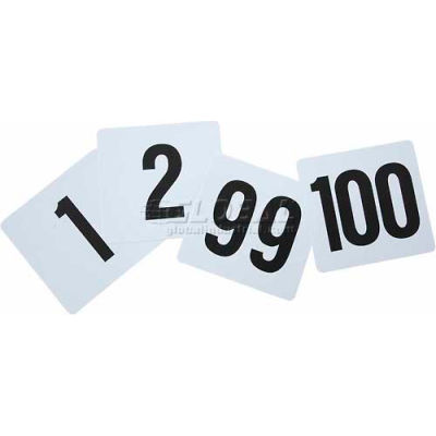 Numéros de table Winco TBN-100, 1-100, 4"L, 4"W, Plastique, Blanc W / Numéros noirs, 100/ Pack