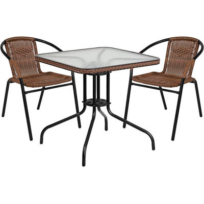Flash Furniture Lila Table carrée en métal et verre 3 pièces avec chaises empilables, brun foncé