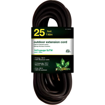 GoGreen Power, GG-13825BK, 25 Ft Extension Cord - Noir