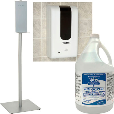 Global Industrial™ Automatic Hand Sanitizer Dispenser Starter Kit w/Stand, 4  x 3.78 L Bottles