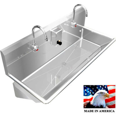 BSM Inc. Stainless Steel Sink, 2 Station w/Electronic Faucets, Wall Mounted 48" L X 20" W X 8" D