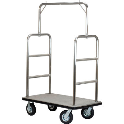 Hospitalité 1 Source Midtown Bellman’s Cart - Finition en acier inoxydable, pont gris, roues pneumatiques de 8 po