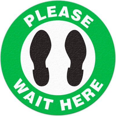 Walk On Floor Sign – PLEASE WAIT HERE, 17” Dia.