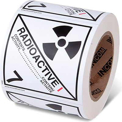 INCOM® TDG Labels, Matières radioactives, Classe 7.1, Papier, 4"L x 4"W, Blanc, Rouleaux de 500