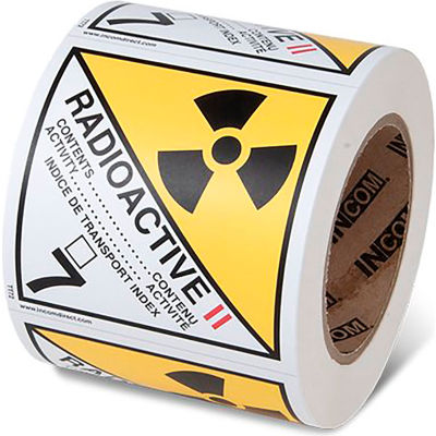 INCOM® TDG Labels, Matières radioactives, Classe 7.2, Vinyle, 4"L x 4"W, Blanc/Jaune, Rouleau de 500