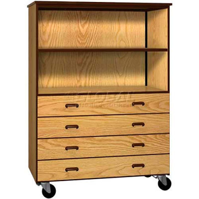 Cabinet mobile Combo bois, 4 tiroirs, 1 étagère, ouvrir Front, 48 x 22-1/4 x 66, chêne naturel/marron