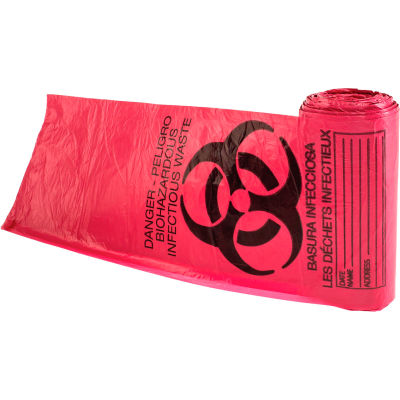 Sac de doublure de poubelle Justrite Biohazard pour poubelles à risque biologique, plastique, bouchon de 15 gal, rouge, paquet de 100