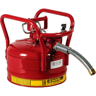 Bidon de sécurité de transport Justrite Accuflow DOT pour liquides inflammables, tuyau métallique de 1 po, capuchon de 2,5 gal, rouge