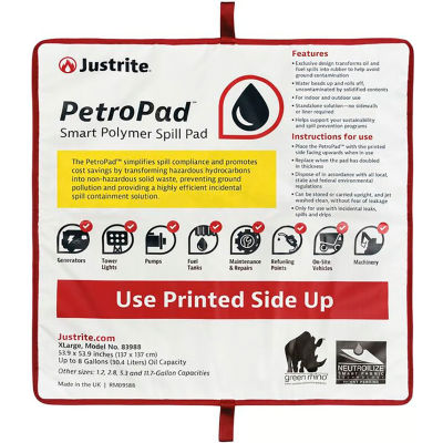 Tampon de déversement intelligent en polymère PetroPad™ de Justrite®, 53-7/8"L x 53-7/8"l, X Grand, Blanc, Paquet de 2
